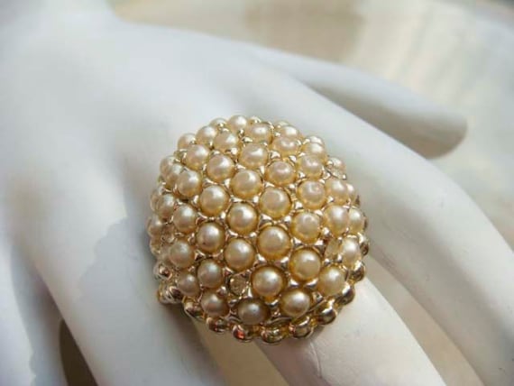 Vintage pearl cluster and rhinestone cocktail ring