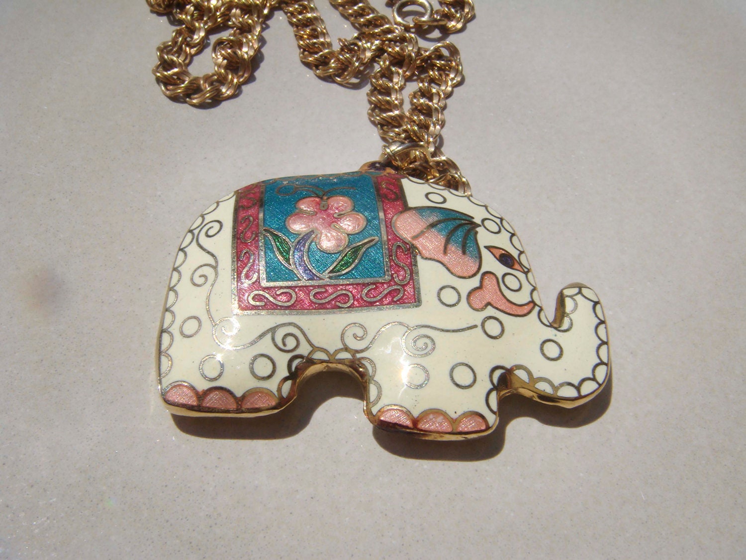 Summer Sale Vintage 12K gold ELKA necklace Elephant Cloisonne Enamel Figural pendant