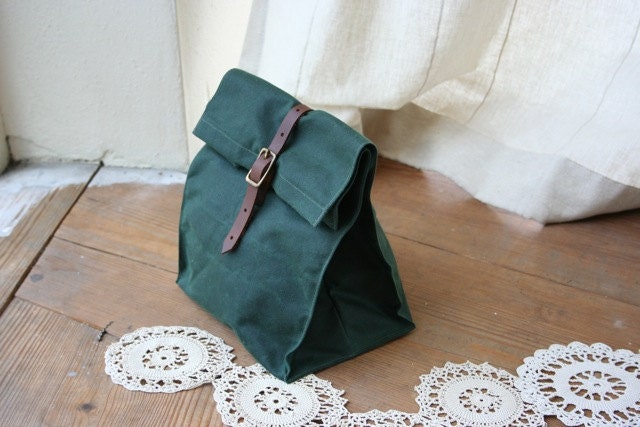 Dark Green Waxed Canvas Lunch Bag