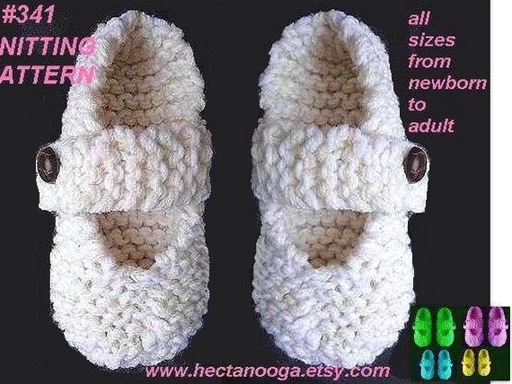 KNITTING PATTERN, slippers,  num 341 Mary Jane Booties/Slippers.  Beginners  Newborn to Adult large. teens, women, toddlers, baby