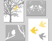 Modern Nursery Prints - Bird Quad - Set of Four Prints - 5x7 and 8x10 Mix - Choose Your Colors - Shown in Gray, Yellow, Pink, Blue, and More
