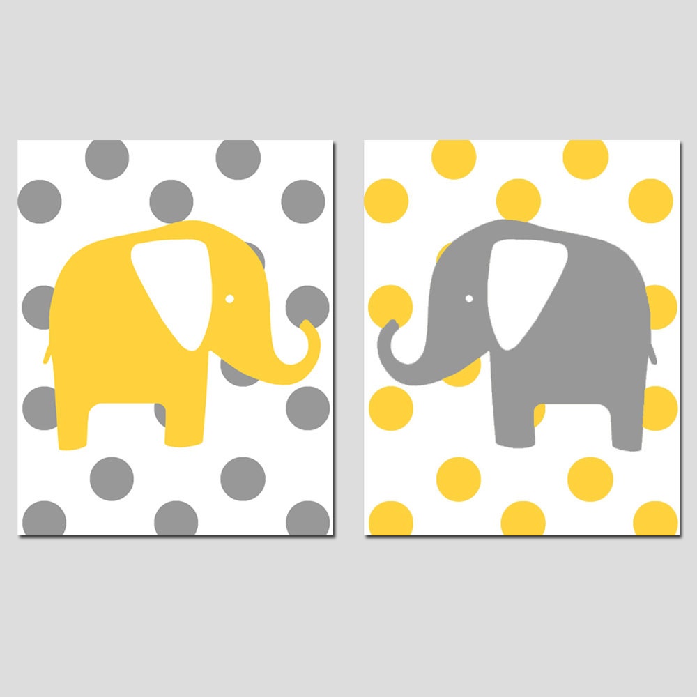 Modern Polka Dot Elephant Duo - Set of Two 11x14 Prints - Modern Nursery Art - Choose Your Colors - Shown in Gray and Yellow