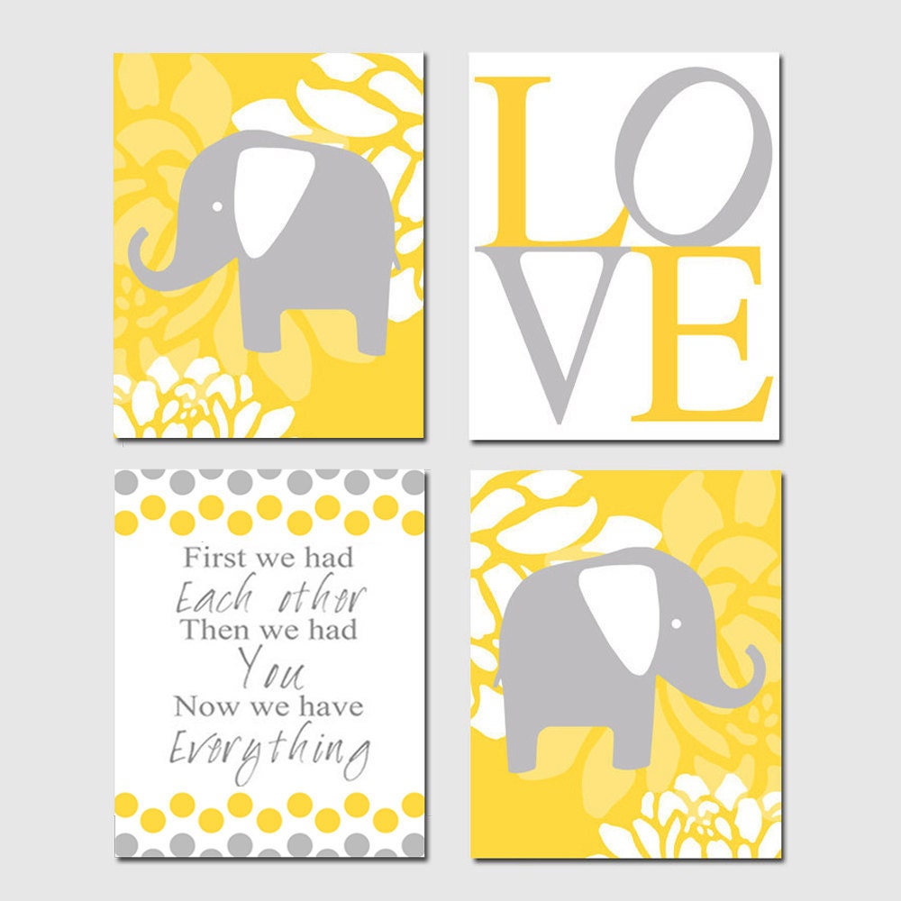 Modern Baby Elephant Giraffe Love Quad - Set of Four 8x10 Nursery Prints - First We Had Each Other - Shown in Yellow and Gray