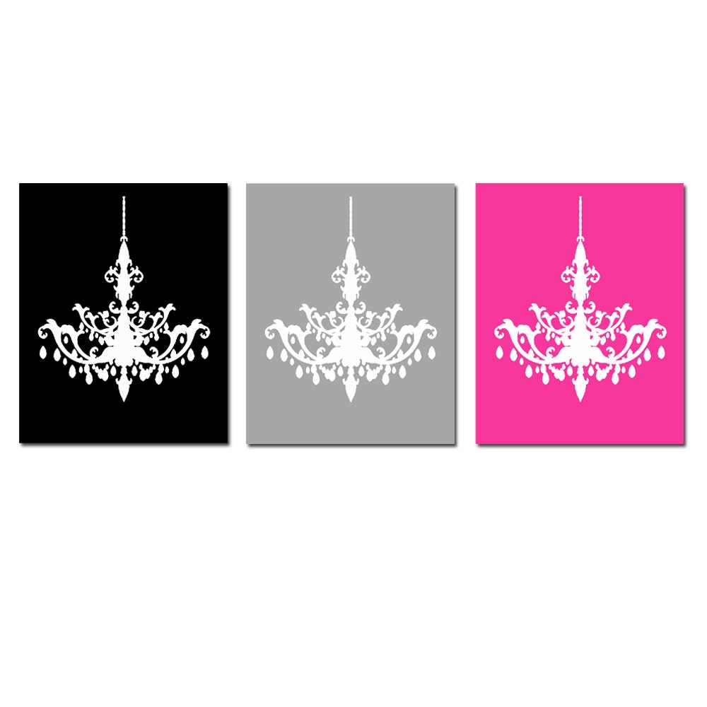 Modern Chandelier Trio - Set of Three 8x10 Chandelier Prints - Choose Your Colors - Shown in Black, Gray, Pink, Hot Pink, Light Pink