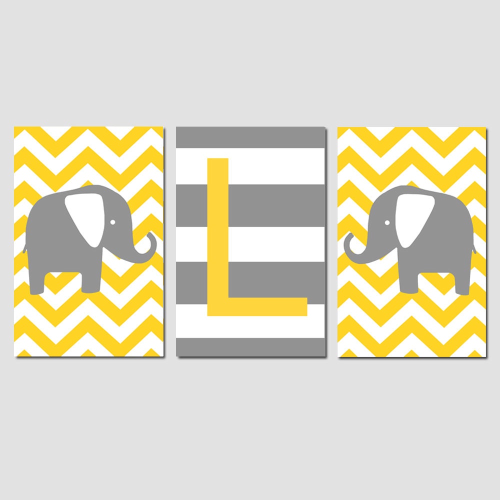 Nursery Art Trio - Set of Three 13x19 Prints - Polka Dot Elephant, Striped Monogram, Chevron Elephant - Shown in Yellow and Gray