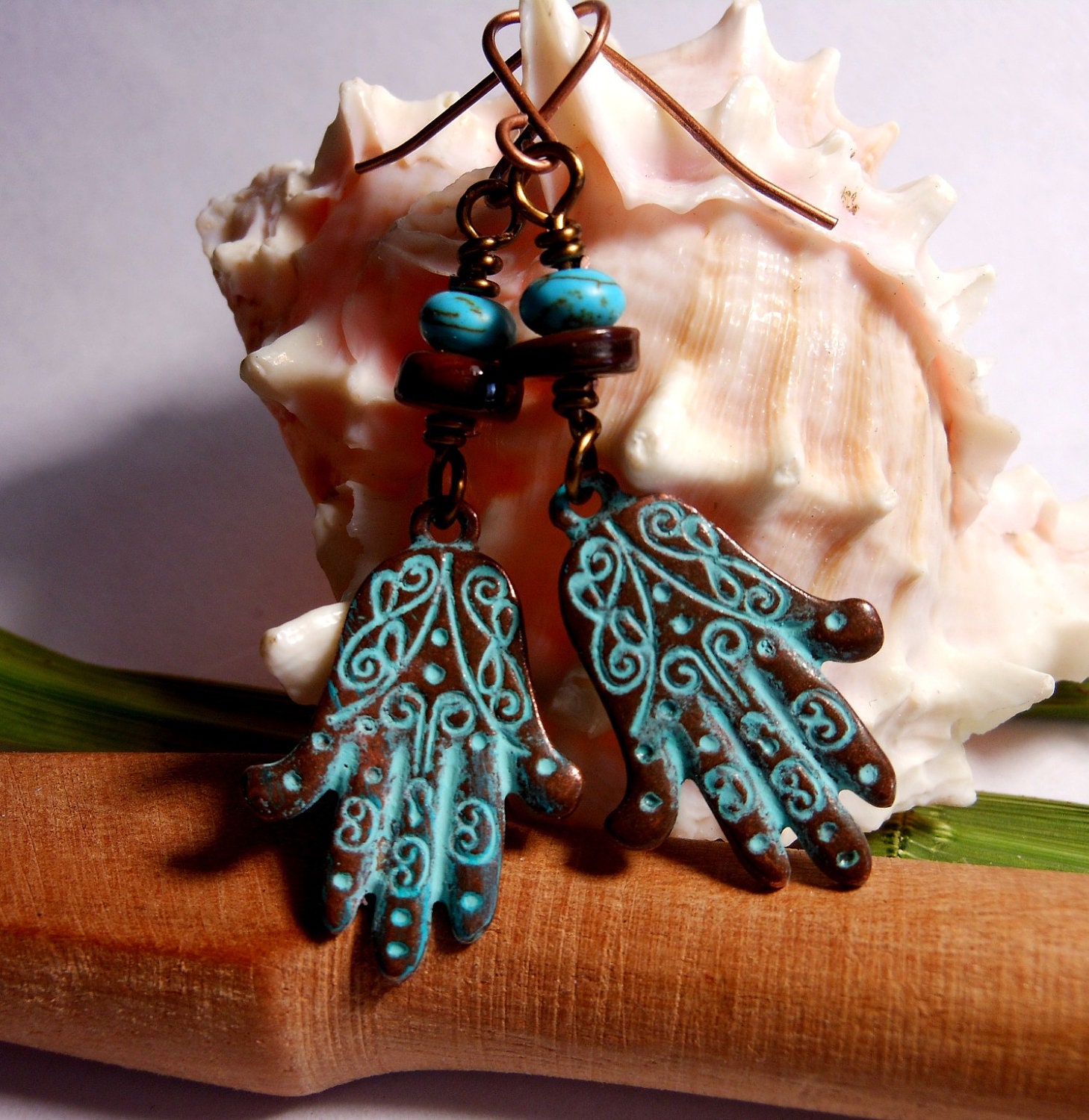 Hamsa Hand of Fatima Yoga Inspired Copper with Green Patina Om Ohm Earrings Turquoise Shell