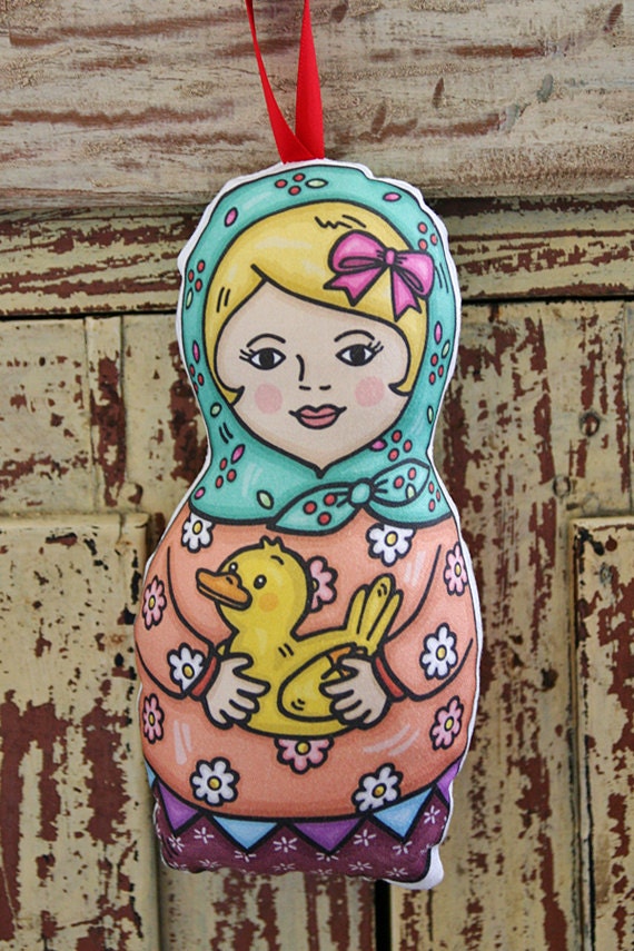 Duck Babushka Mo Doll - Mint scarf matryoshka girl softie toy with pet duck