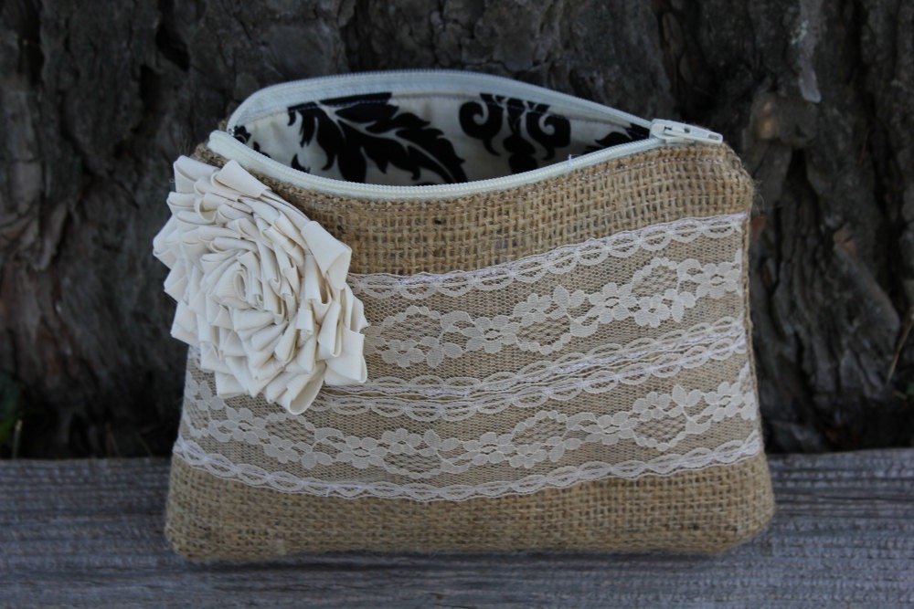 Burlap and Lace Wedding Clutch - Bridesmaid Clutch - Wedding Bag - Bridal Party - You Choose The Color Flower and Lining