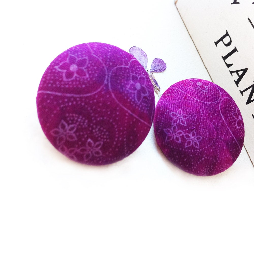 Blackcurrant Paisley Earrings - 1.5 inch fabric covered buttons - hand dyed cotton