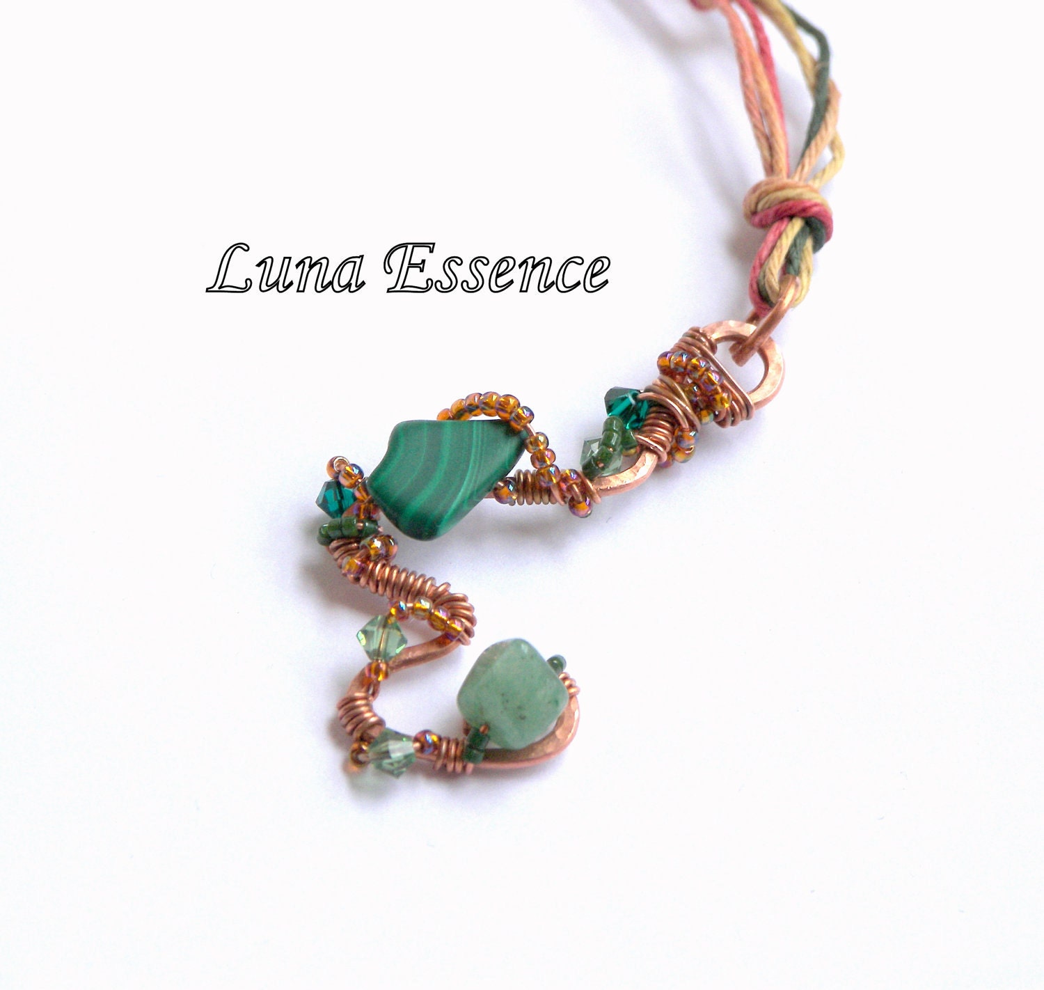 Emerald Green Malachite Jewelry , Bohiamian Hemp Copper Wire Wrapped ,Pendant Necklace