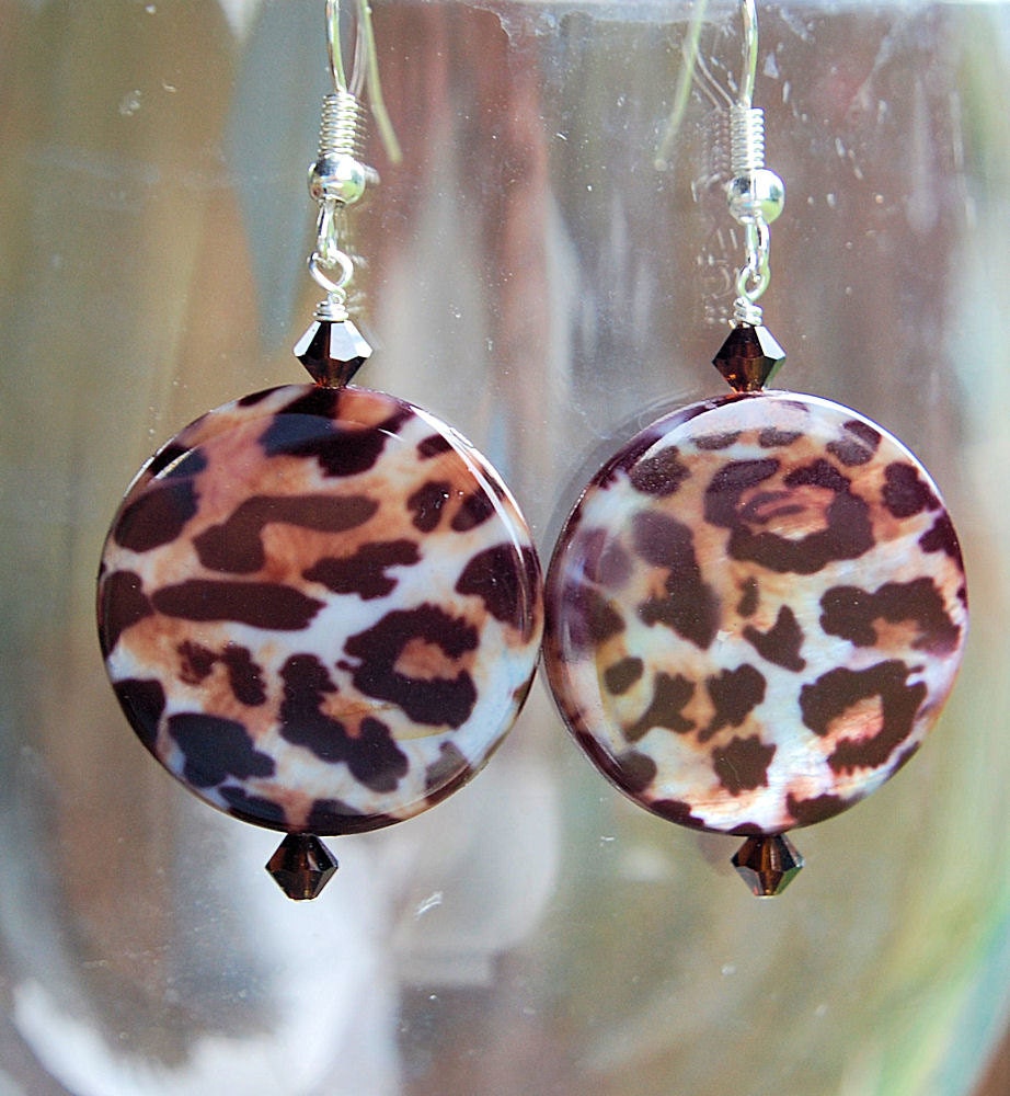 Leopard print mother of pearl brown white swarovski crystal silver earrings