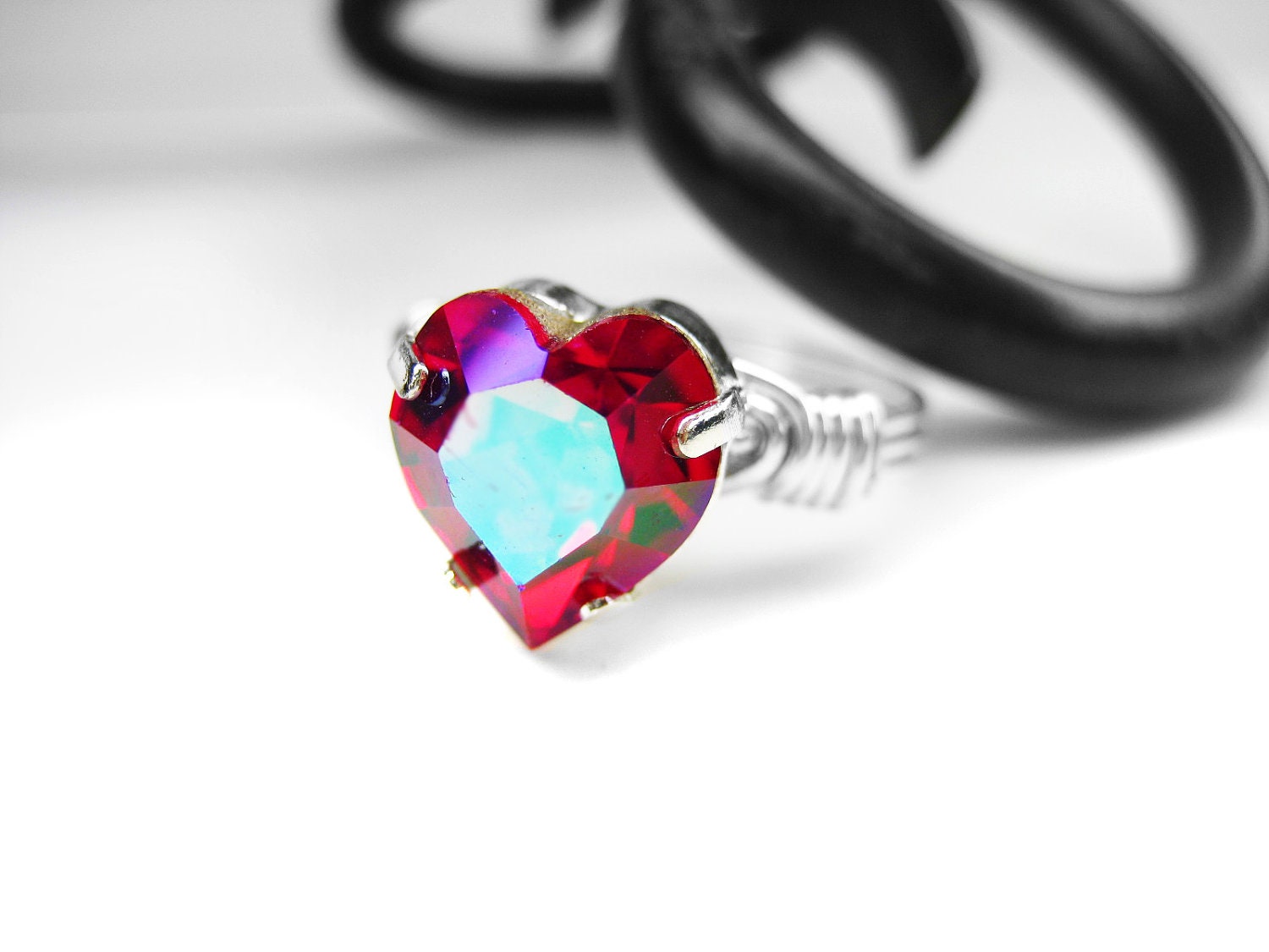 Red Heart Sterling Silver Ring. Glacer Blue Swarovski Crystal Wire Wrapped Ring