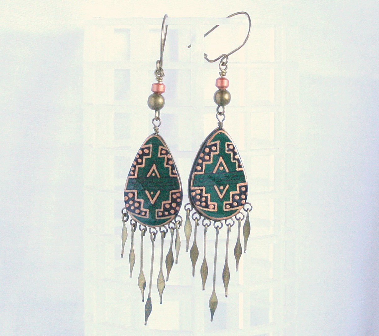 Vintage 80s Southwestern Dangle Pierced Earrings Green Copper Brass