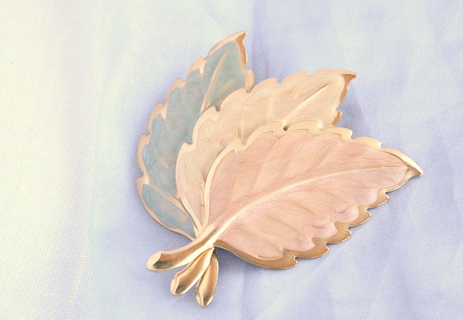 Vintage Leaf Brooch Enamel Gold Teal Green Cream Peach Pink Pin