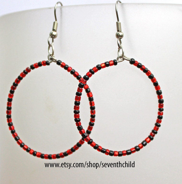 Red and Black Beaded Hoop Earrings - Dangles