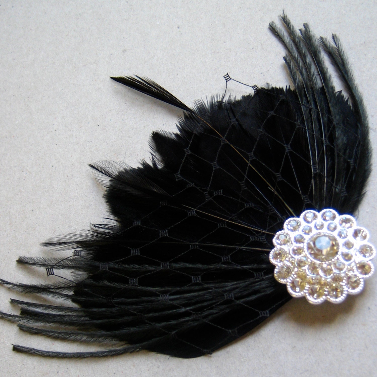 Black noir feather hair clip with rhinestones