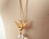 Long Swallow Necklace in Antique Gold with Quartz Briolette Drop