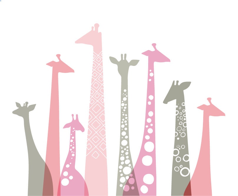 giraffes landscape. 16X20. pink, gray, lilac.