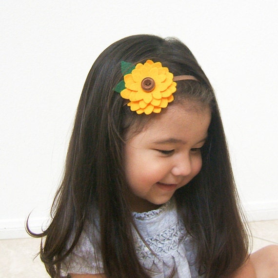 Sunflower Headband, Felt Sunflower Hair Clip, Girls Headband Boho Woodland Yellow Brown Baby Toddler Girls