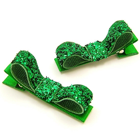 Emerald Green Glitter Hair Clips, Emerald Green Glitter Hair Bows, Glitter Tuxedo Clips, Baby Toddler Girls Women Holiday Hair Clips - MySweetieBean