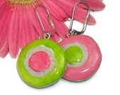 Pink and Green Clay Dangle Earrings Mosaic Tile REVERSIBLE