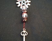 Wire Wrapped STEAMPUNK PENDANT - Key to Steam piece with Quartz, Garnet, Cogs, Key, Copper and Pentacle - Dress Up - Gift - Fashion - Fun