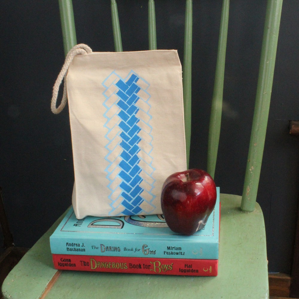 Lunch bag recycled cotton geometric brick pattern peacock blue with light blue water based ink
