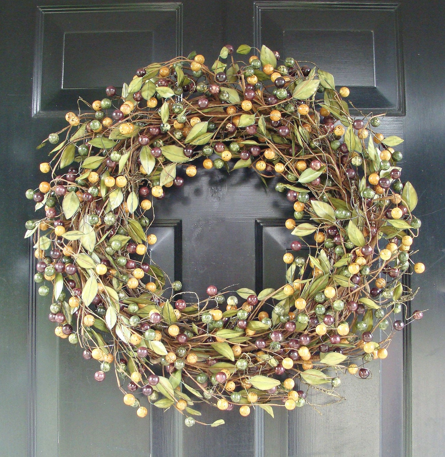 Thanksgiving Decor Berry Wreath, Thanksgiving Wreath with Burgandy, Mustard and Sage Berries, Fall Wreaths, Year Round Wreath,