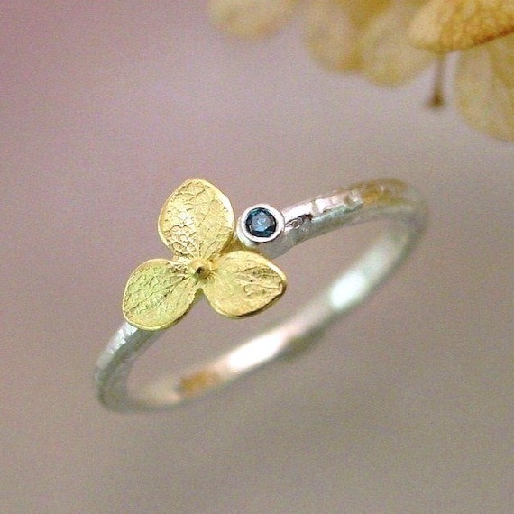 Blue Diamond Engagement Ring, Gemstone Stacking Ring, Hydrangea Blossom Sterling Silver, 18k Gold Flower
