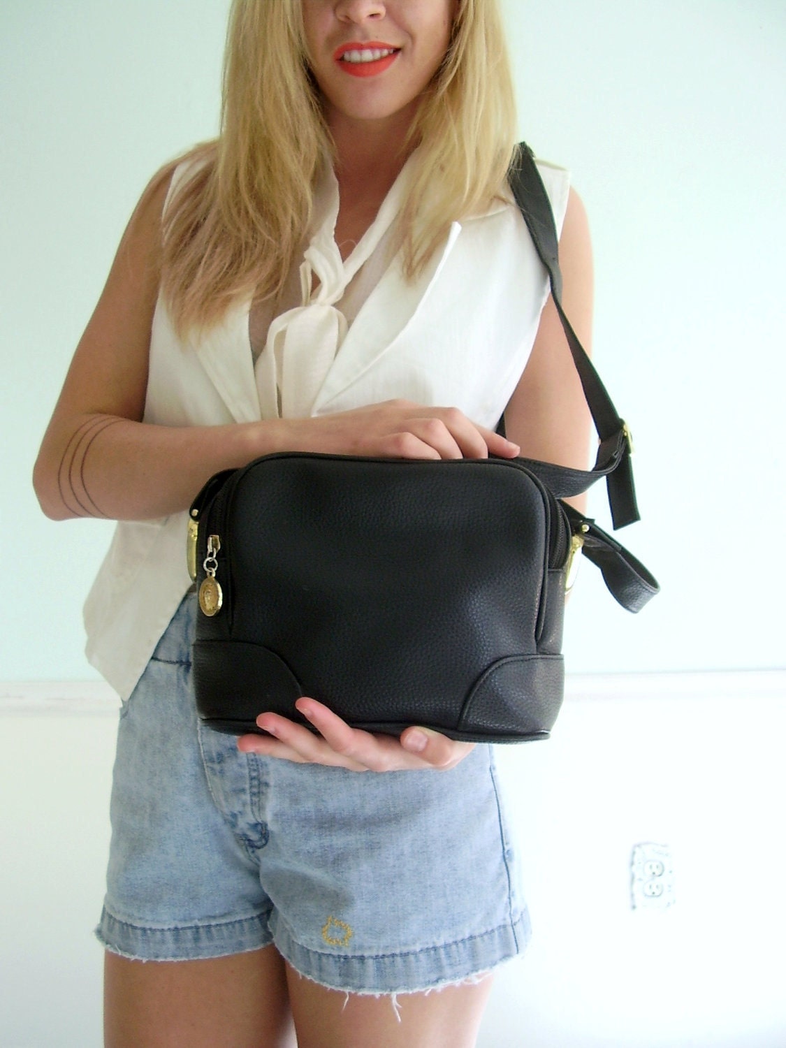 Black Vegan Leather Vintage Early 90s Cross Body Shoulder Bag Purse Tote