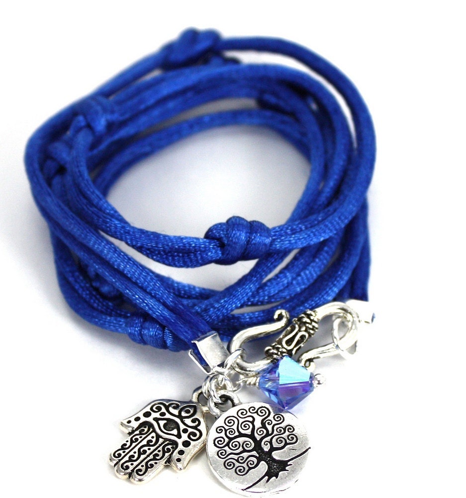 Blue Satin Cord Wrap Bracelet with Hamsa, Tree of Life, and Sapphire Swarovski Crystal - anjalicreations