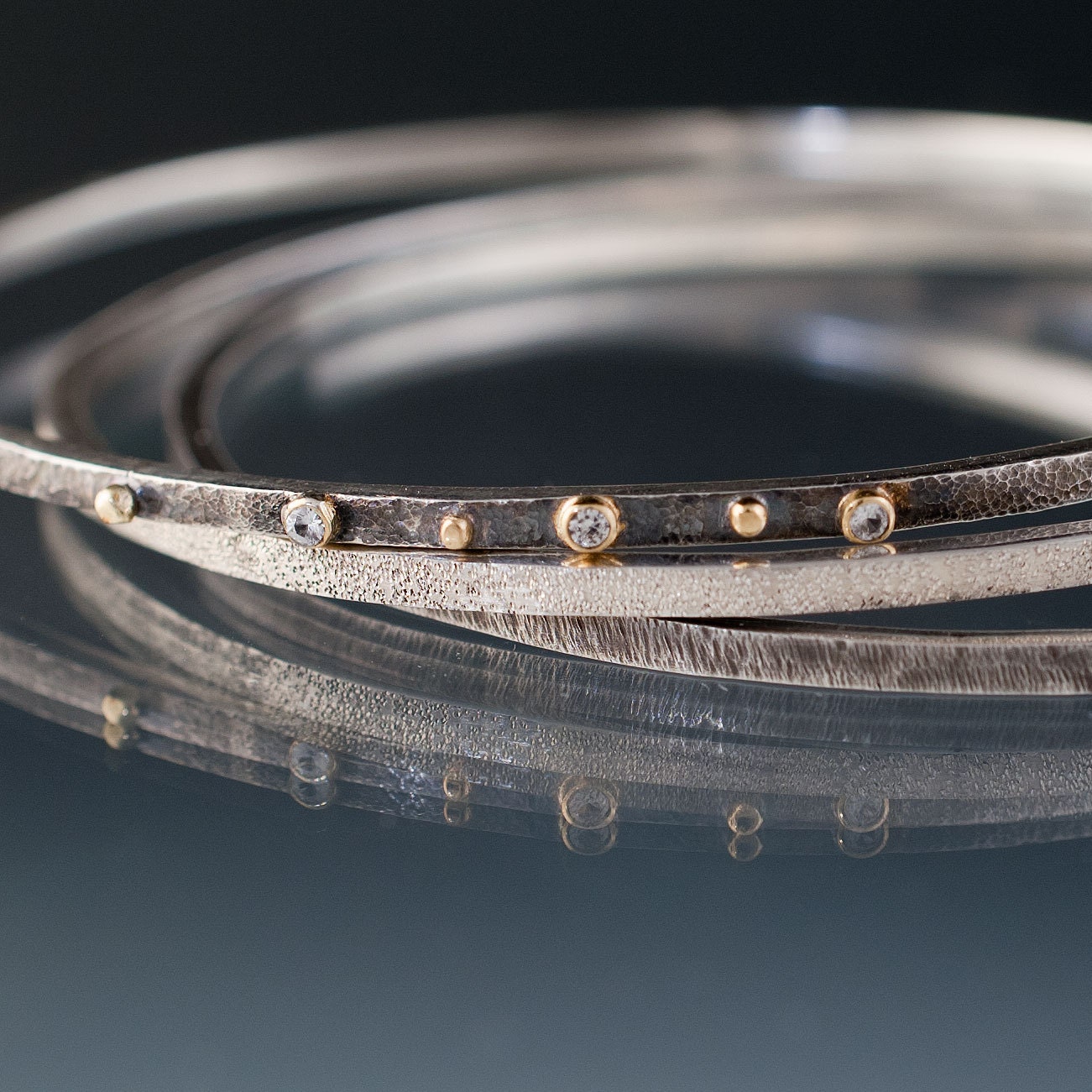 White Sapphire Textured Sterling Silver Bracelets 18k Gold Setting and Gold Accents, Set of 3 Thin Oxidized Bangles