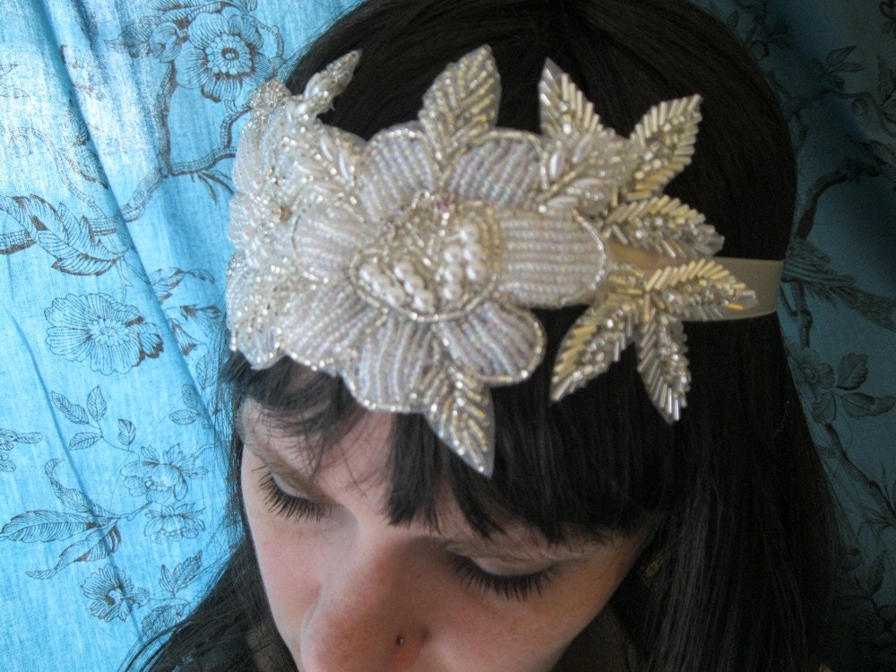 Wedding Headpiece, Bridal headband-- Vintage Inspired Floral Beading on Satin Ribbon