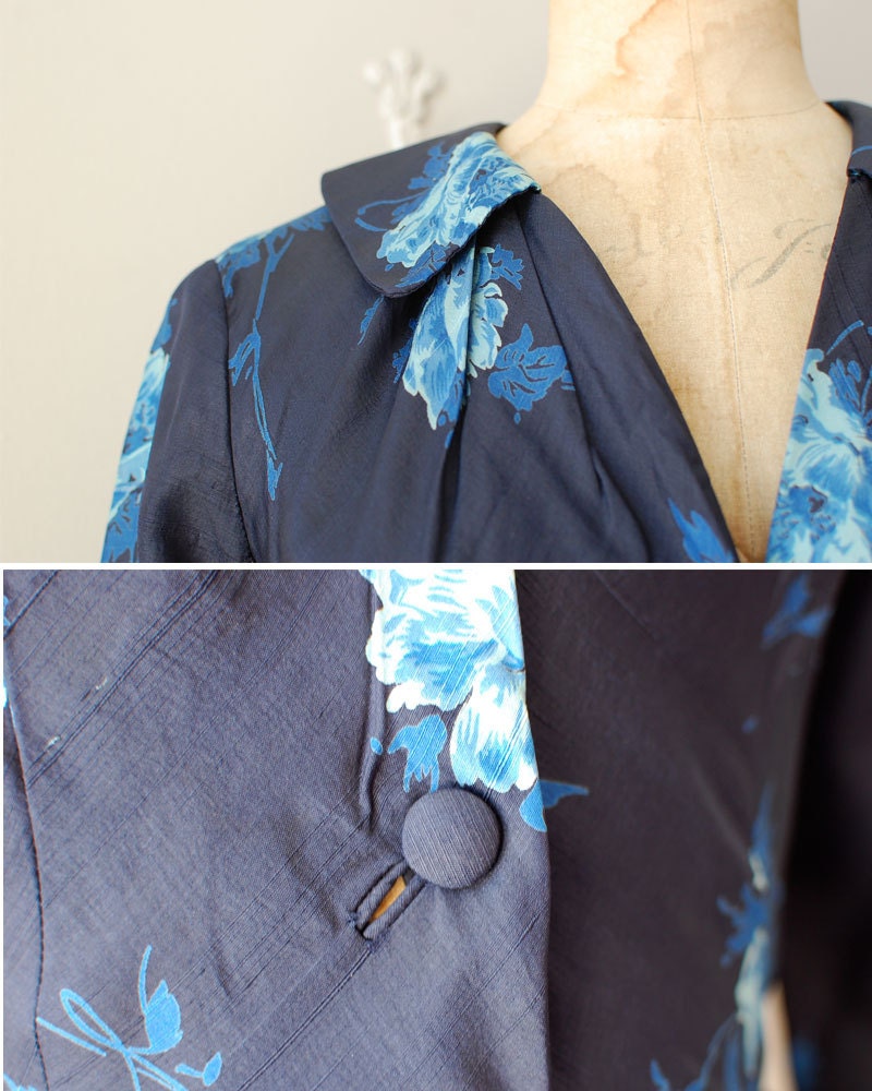 1950s dress / vintage 50s dress / silk floral dress / Wild Blue Iris