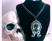Yellow and Black Lady Death Cameo Necklace with Swarovski Rhinestones