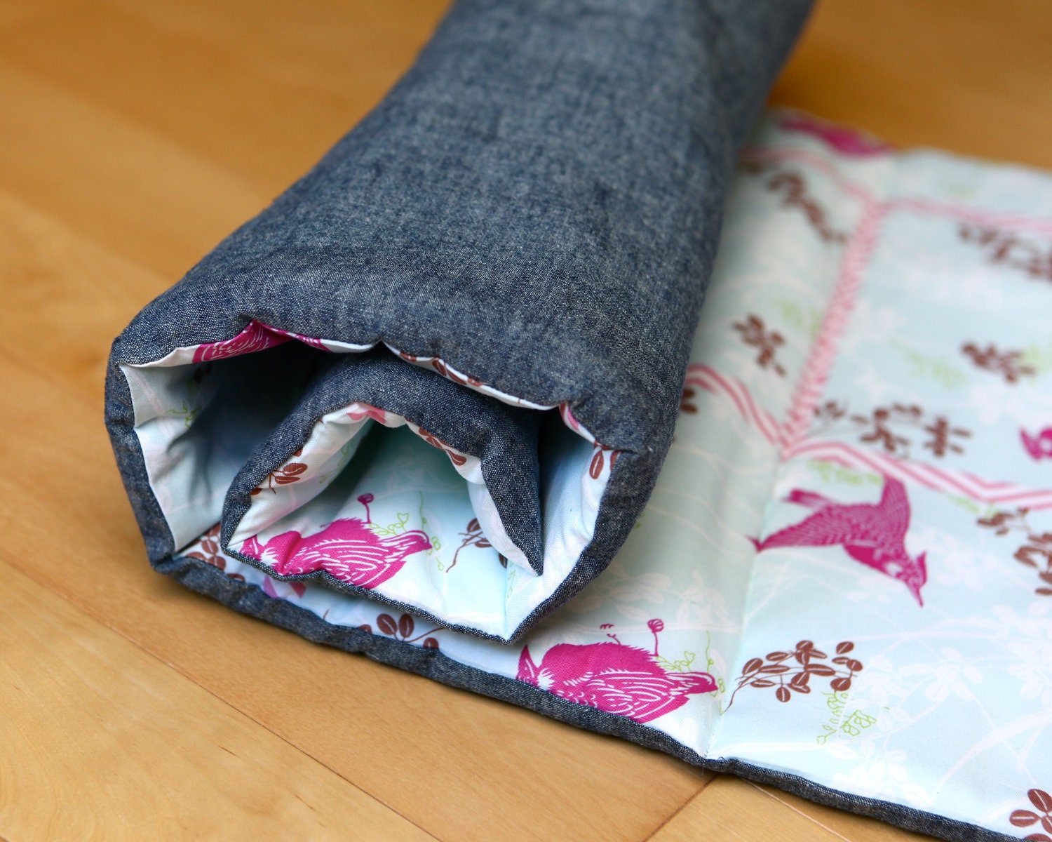 Birds Nap Mat - Eco-Friendly, Non Toxic Preschool Toddler Napmat with Organic Denim - Flock in Fuschia Pink on Aqua Sky Blue