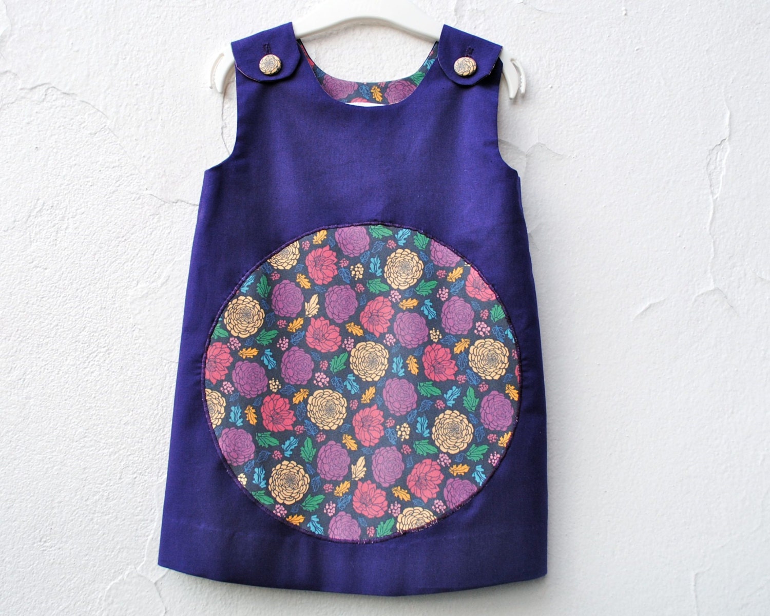 The Moon Flowers Dress - Eco Friendly Modern Pinafore in Purple with Botanical Flowers (Ready to Ship 2T)