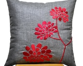 Red Grey Flower Pillow Cover, Decorative Throw Pillow Cover, Ash Grey Linen Pillow Red Peony Embroidery, Grey Pillow , Pillow Case 18 x 18