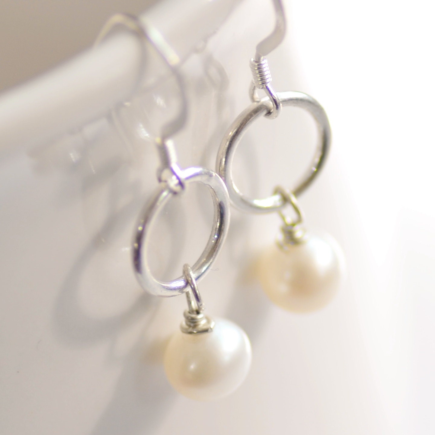 Freshwater Pearl on Sterling Silver Circle Earrings - Circle of Love Earrings - Bridesmaids Gift Set
