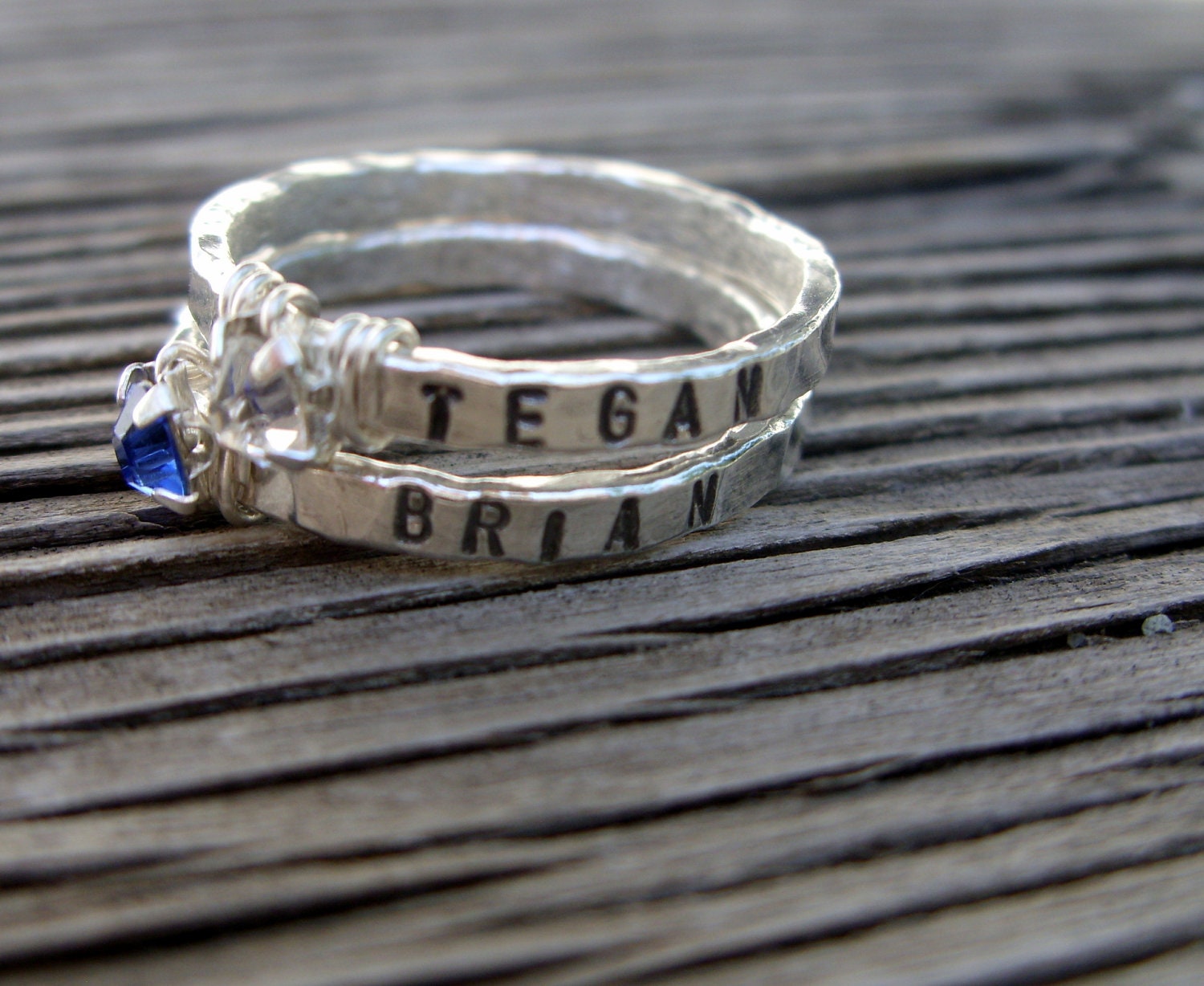 ONE fine silver stacker ring- hand stamped with your choice of phrase-words with sweet wire-wrapped birthstone crystal
