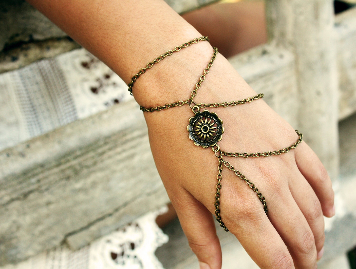 Slave Bracelet Hand Bracelet  Piece Disk Circle Dreamcatcher Charm Two Drape Index Finger Hipster Bronze Chain Bohemian Hand Jewelry