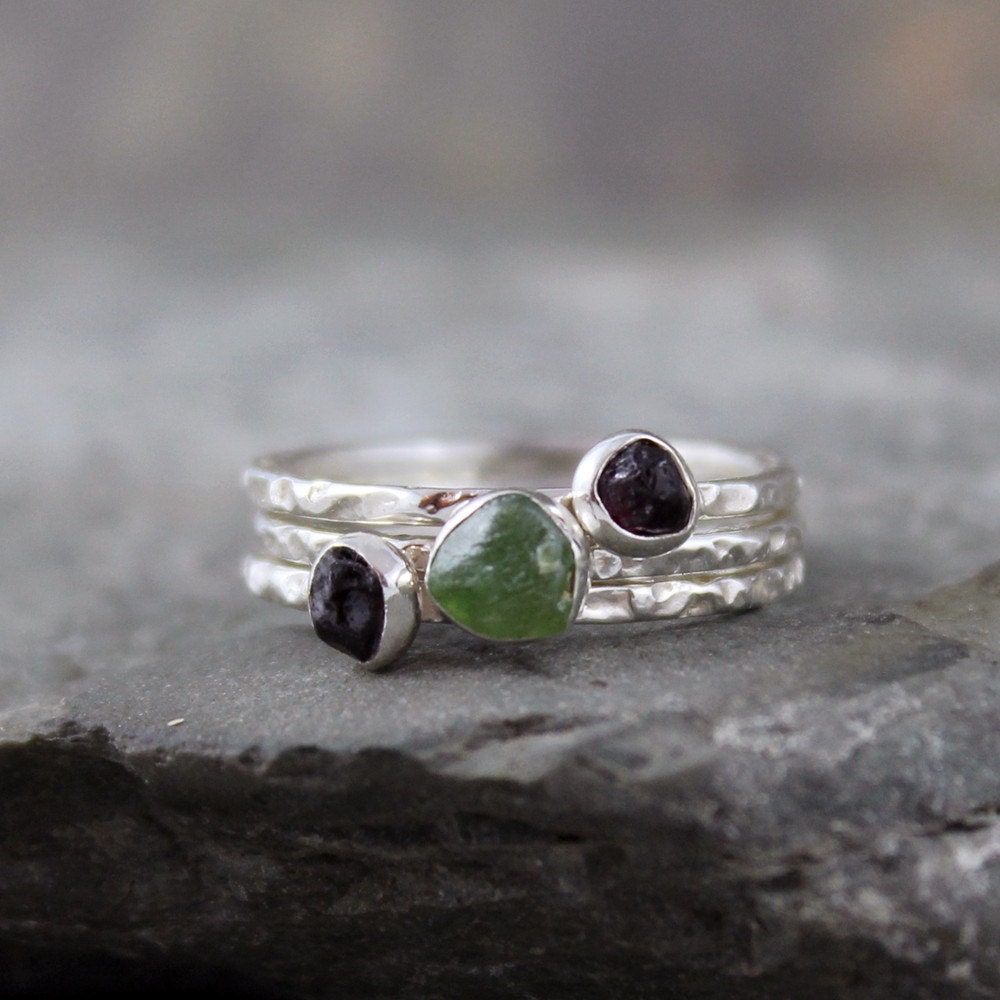 Stacking Rings - Rough Green Garnet and Rough Oxblood Red Garnet - Sterling Silver Gemstone Rings - January Birthstone