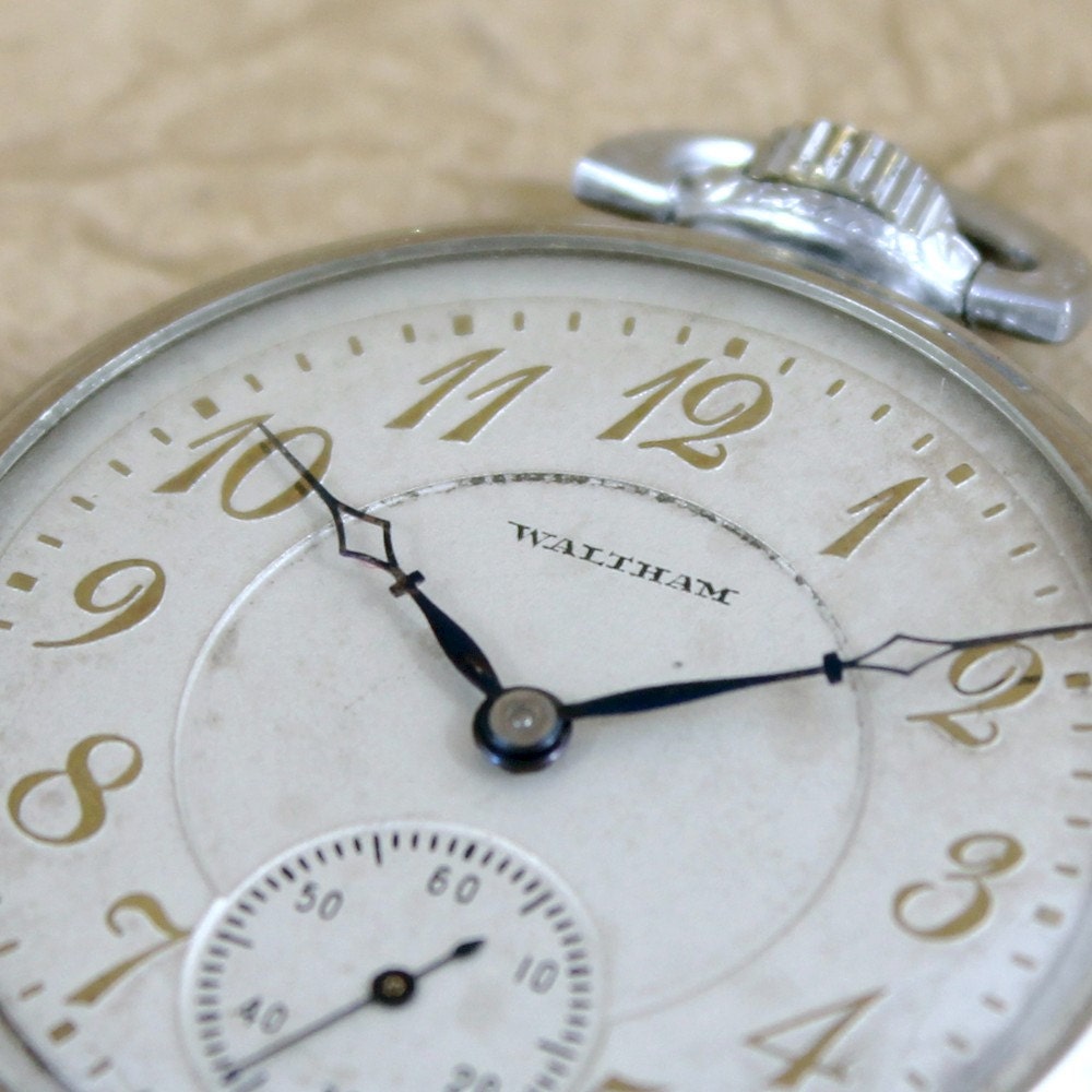 Vintage EWaltham Pocket Watch - circa 1920's - 17 Jewel - 12 Size - Deco Style Case - Stainless Steel Case - Mechanical Wind
