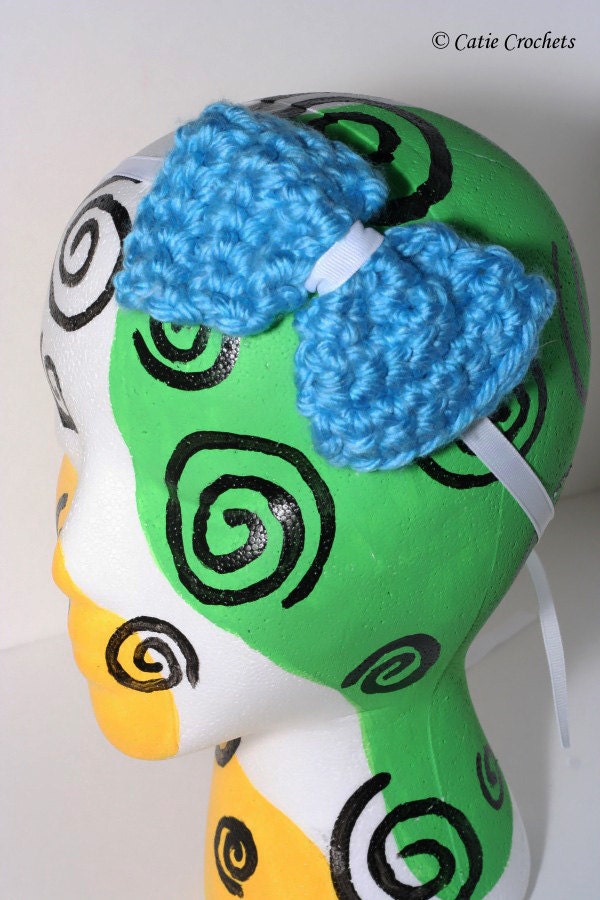 Super Cute - Baby Blue - Large Crocheted Bow Headband - On a Ribbon Band