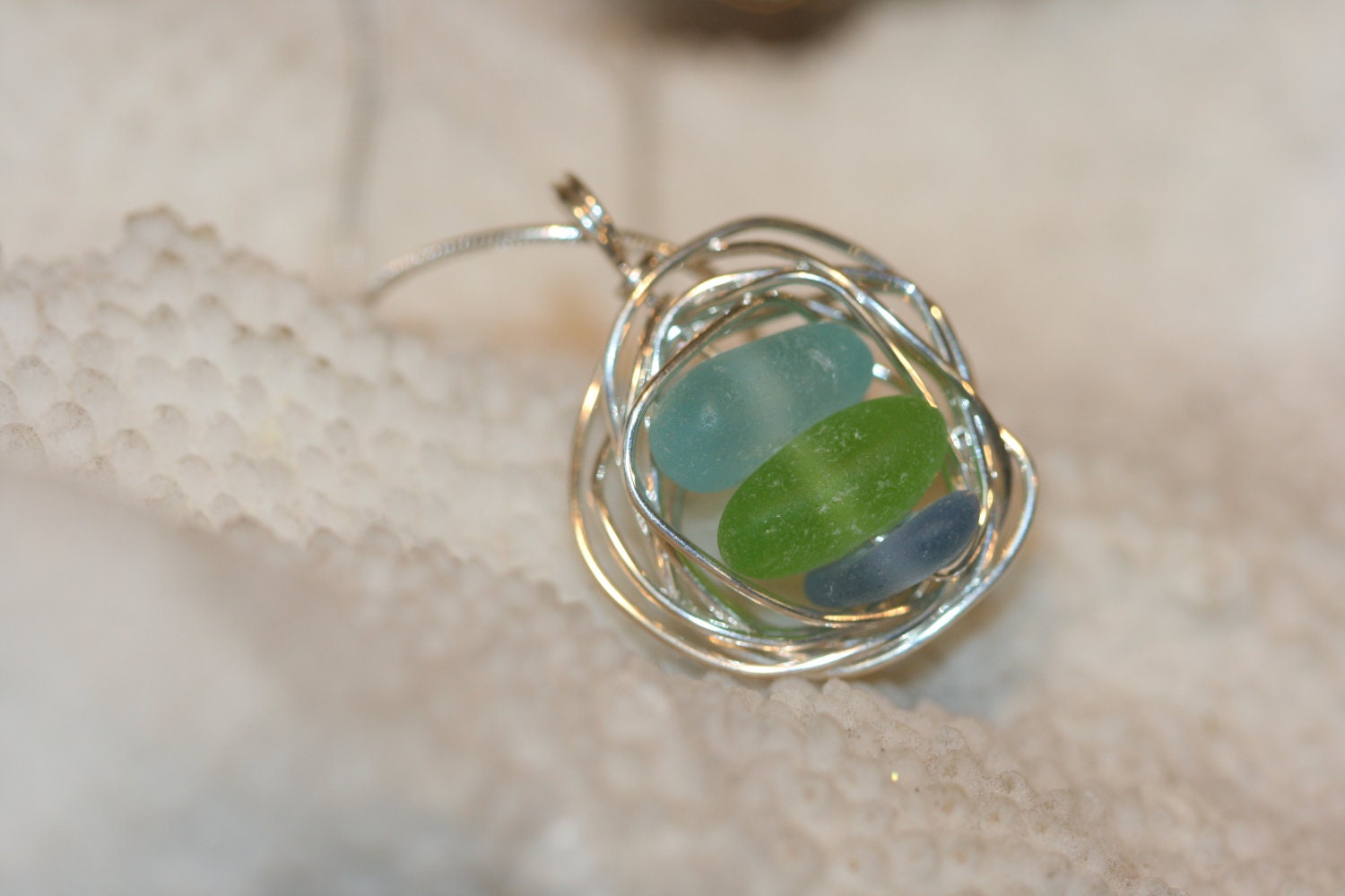 TRIO cornflower lime and aqua blue beach sea glass wire wrapped in 925 sterling silver pendant necklace