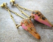Beaded Spike Earrings, Lampwork Pink Lilac Deco Spikes, Antiqued Brass Bar Chain, Boho Rustic Fashion, Teardrop, Crystal Jewelry
