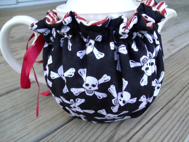 Tea Pot Cozy Skulls Red Stripes White and Black Crossbones Pirate Avast Modern