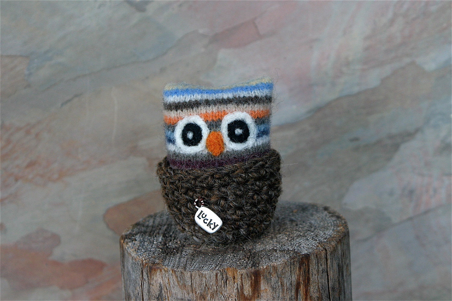 Little Lucky Owl recycled felted striped wool plushie needle felt crocheted nest kids toy (woolcrazy)