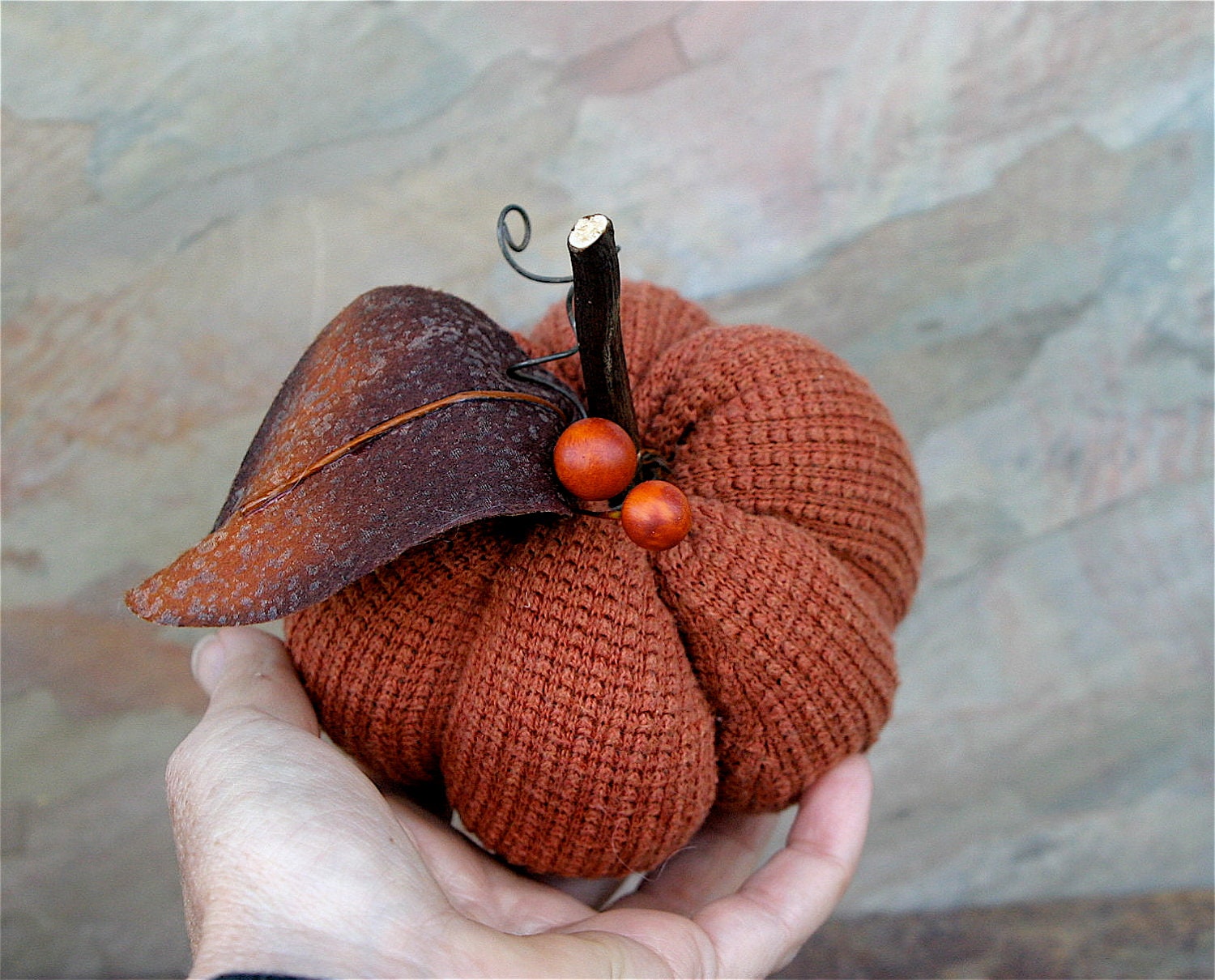 Two Rusty Orange Pumpkins Gourds Ecofriendly Halloween Thanksgiving Home Decor (woolcrazy)