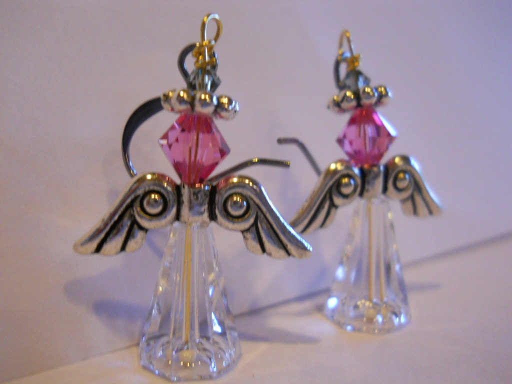 Christian Angel Earrings Swarovski crystals dangle earringsPink Rose Angels earrings Holiday Elegance Pink Crystal Christian jewelry